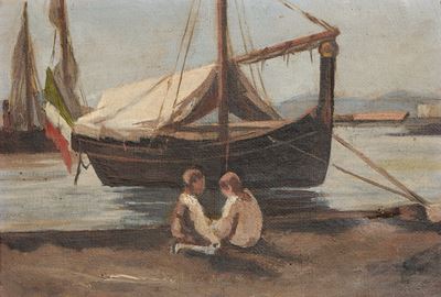 Bambini sulla spiaggia, olio su tela