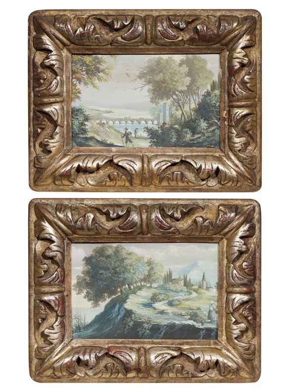 Ignoto XVIII - XIX secolo - «Paesaggio con ponte» e «Paesaggio con paese»