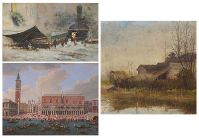 Oscar Ricciardi, Le bancarelle; Ignoto del XX secolo, Veduta di Palazzo Ducale a Venezia; Rossi, ...