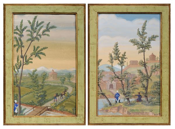 Ignoto del XIX secolo - Due opere raffiguranti «Paesaggio con figure e architetture classiche»
