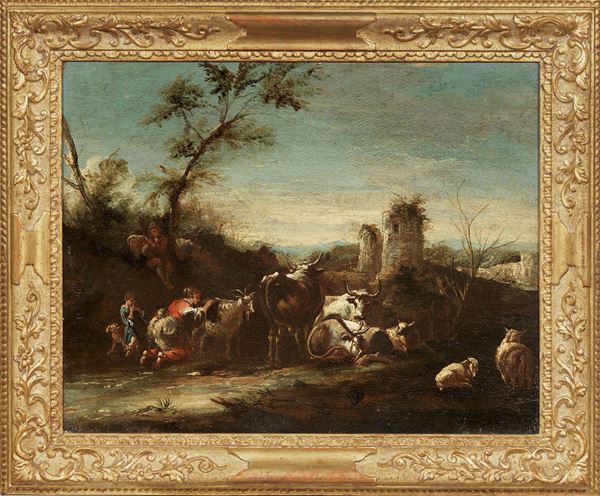 Scuola veneta fine XVII - inizio XVIII secolo - Due opere raffiguranti «Paesaggio con armenti»