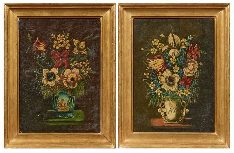 Ignoto Fine XIX - Inizio XX Secolo - Due dipinti, Natura morta con fiori, olio su tela
