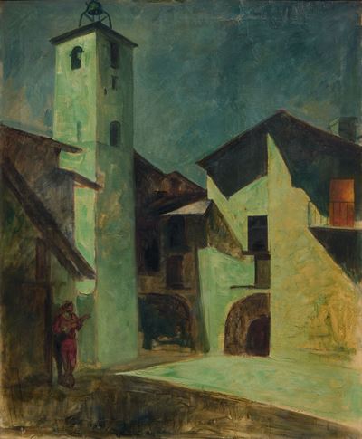 Loy E., Veduta di paese con cantastorie