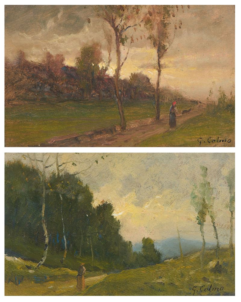 Giovanni Colmo - Due «Paesaggio con figura», olio su cartone