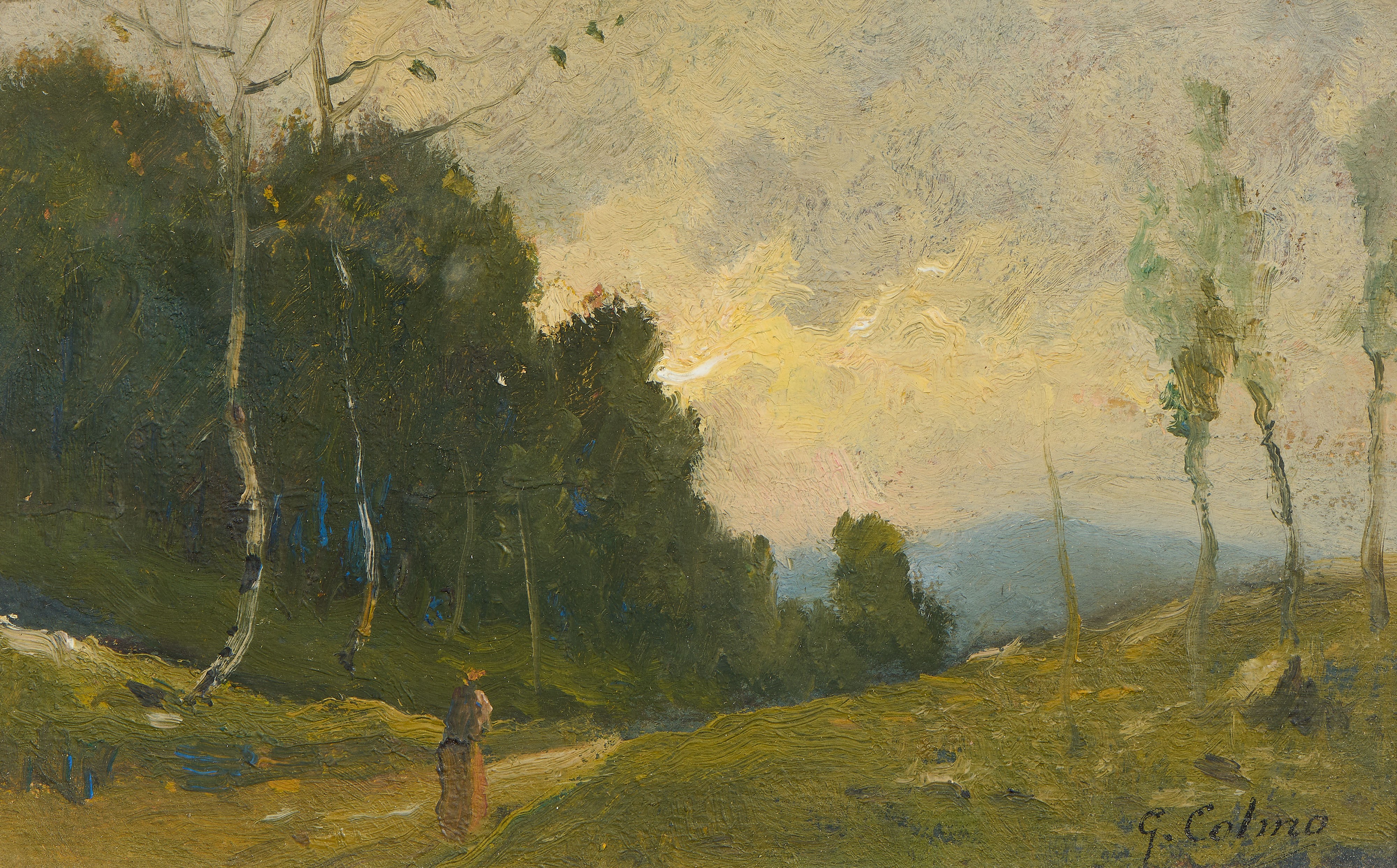 Giovanni Colmo - Due «Paesaggio con figura», olio su cartone