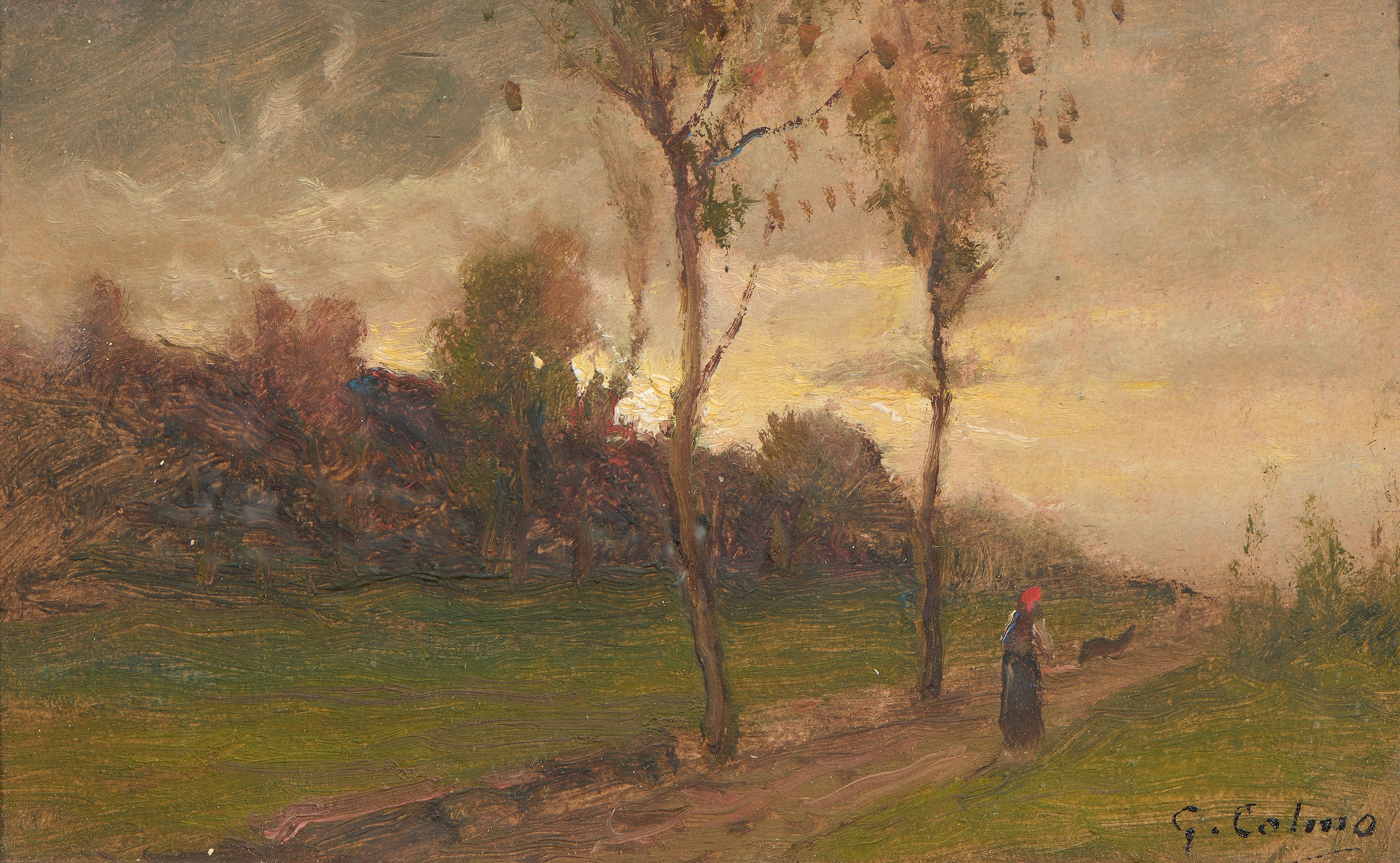 Giovanni Colmo - Due «Paesaggio con figura», olio su cartone