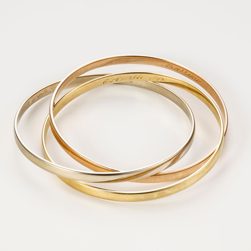Bracciale a tre cerchi in oro giallo, bianco e rosa