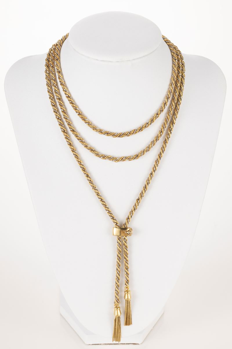 Collana saliscendi a maglia in oro giallo e bianco