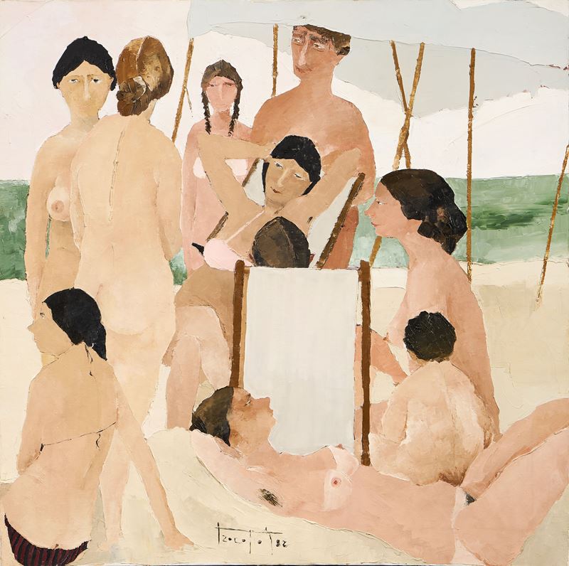 Pino Procopio - Bagnanti, olio su tela, cm 80x80, 1982
