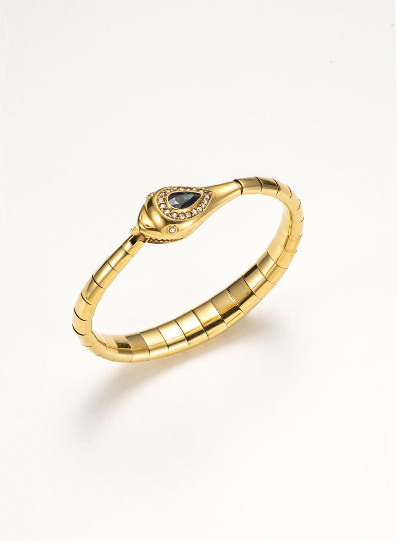 Bracciale a serpente in oro giallo con zaffiro e diamanti