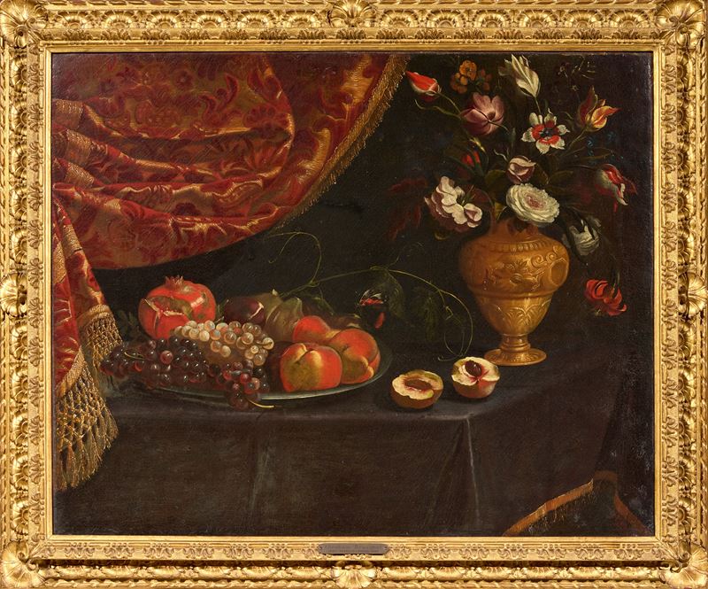 Natura morta con frutti, vaso e fiori