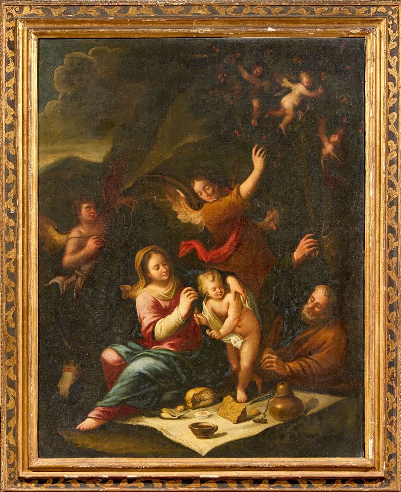 Sacra Famiglia con Angeli e natura morta