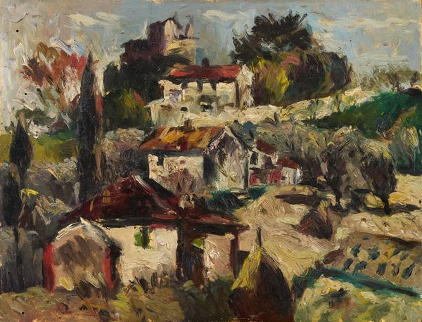 Dilvo Lotti : Paesaggio con case  - Olio su tavola - Auction PARADE II - XIX and XX Century Paintings and Drawings - Casa d'aste Farsettiarte