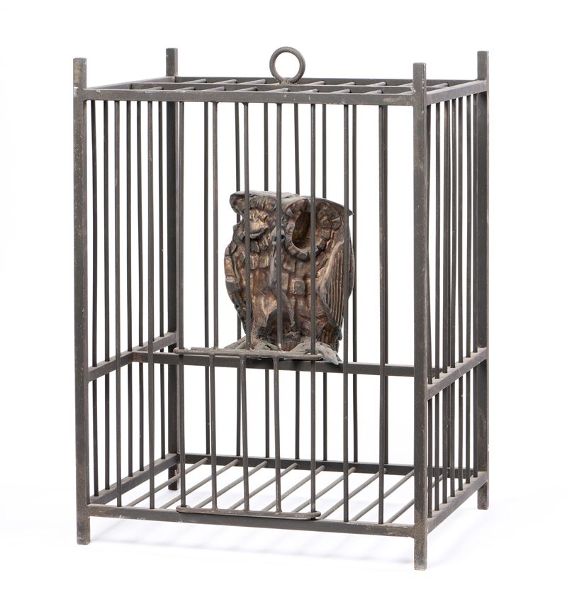 Luciano Minguzzi - Civetta in gabbia, scultura in bronzo