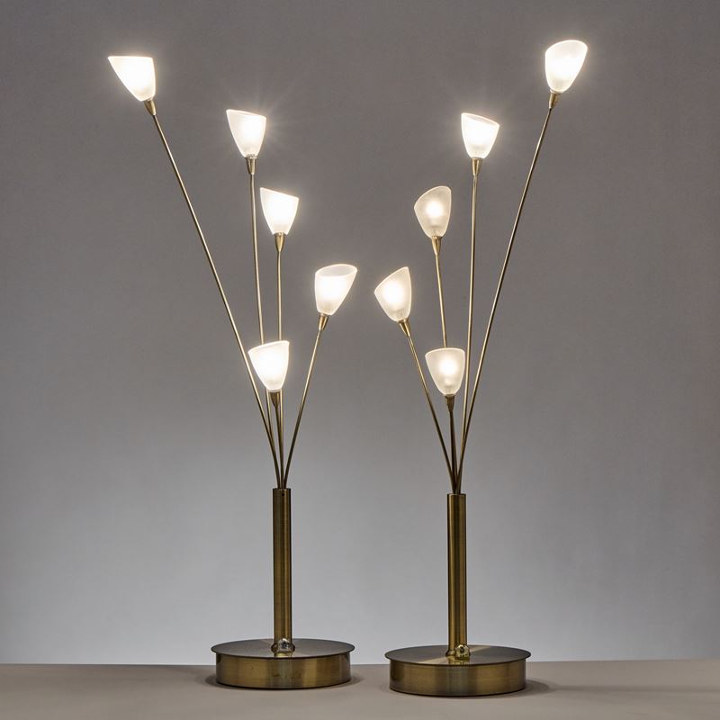 Coppia di lampade da tavolo in metallo e vetro