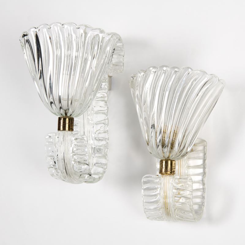 Barovier & Toso Coppia di Lampade da Parete in Vetro Trasparente Costolato