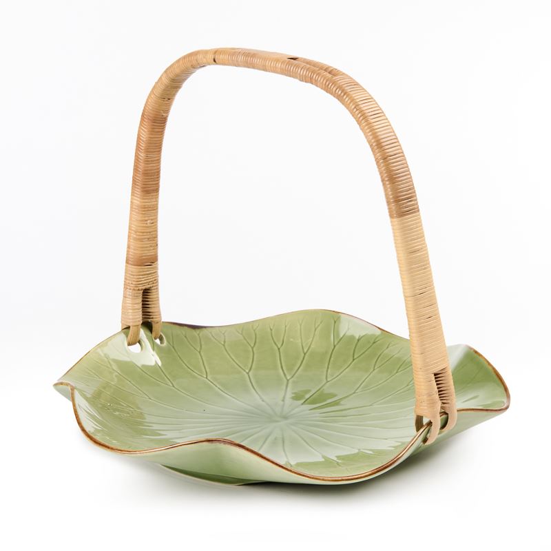Portafrutta in Ceramica Verde con Manico in Midollino