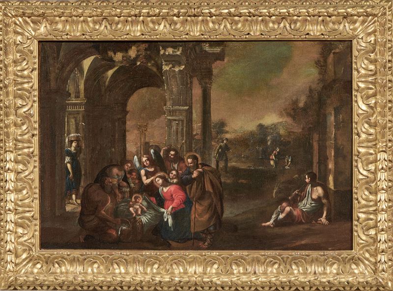 Scuola Napoletana Fine XVII Secolo - Natività con Rovine Classiche