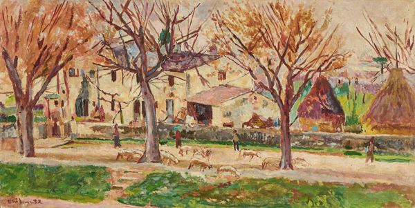 Ulvi Liegi : Case coloniche lungo l'Affrico  (1932)  - Olio su tela applicata su compensato - Asta Dipinti e Sculture del XIX e XX secolo - Casa d'aste Farsettiarte