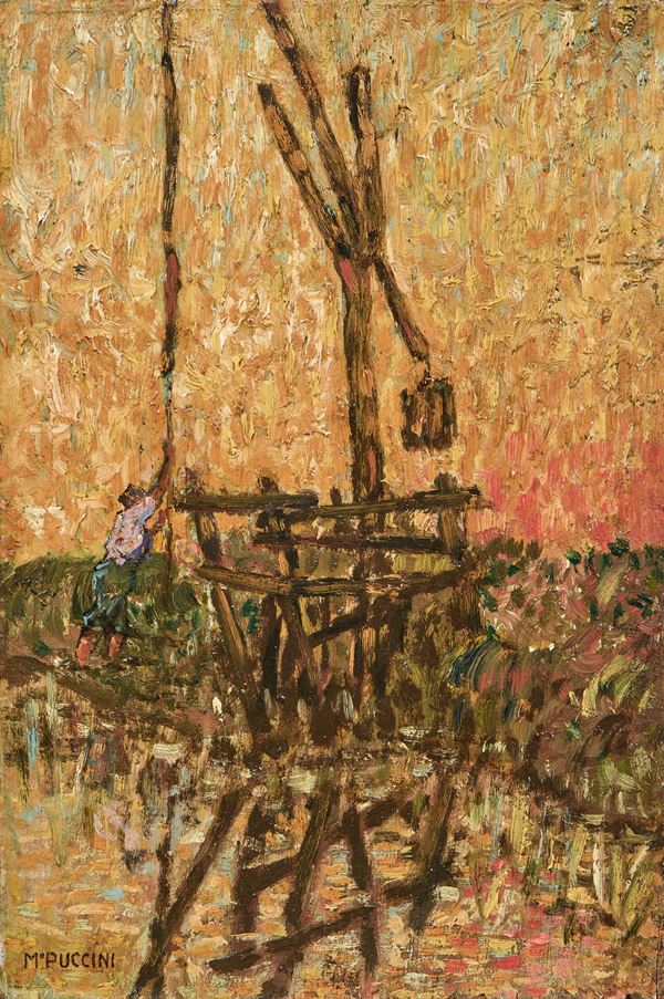 Mario Puccini : Il bindolo  - Olio su tavoletta - Asta Dipinti e Sculture del XIX e XX secolo - Casa d'aste Farsettiarte