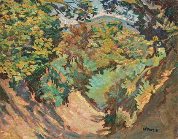 Mario Puccini : Sentiero nel bosco  (1912-13)  - Olio su tavola - Auction XIX and XX Century Paintings and Sculptures - Casa d'aste Farsettiarte