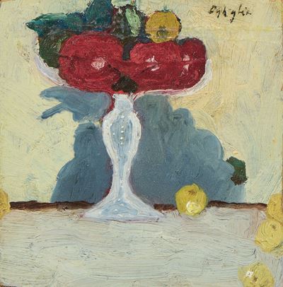 «frutta in Alzata di Vetro» e «scorcio di Villa»