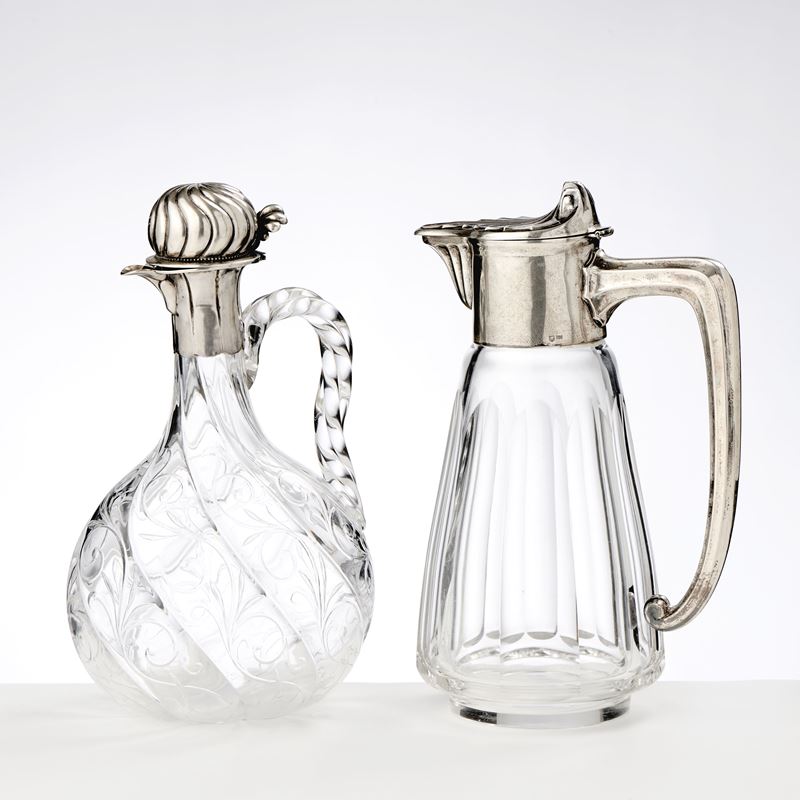 Due brocche in vetro molato e argento