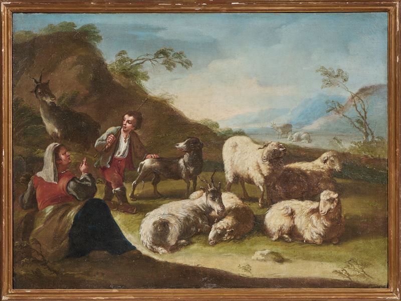 Philipp Peter Roos, Detto Rosa da Tivoli (attr. A) - Coppia di Dipinti Raffiguranti «pastori con ...