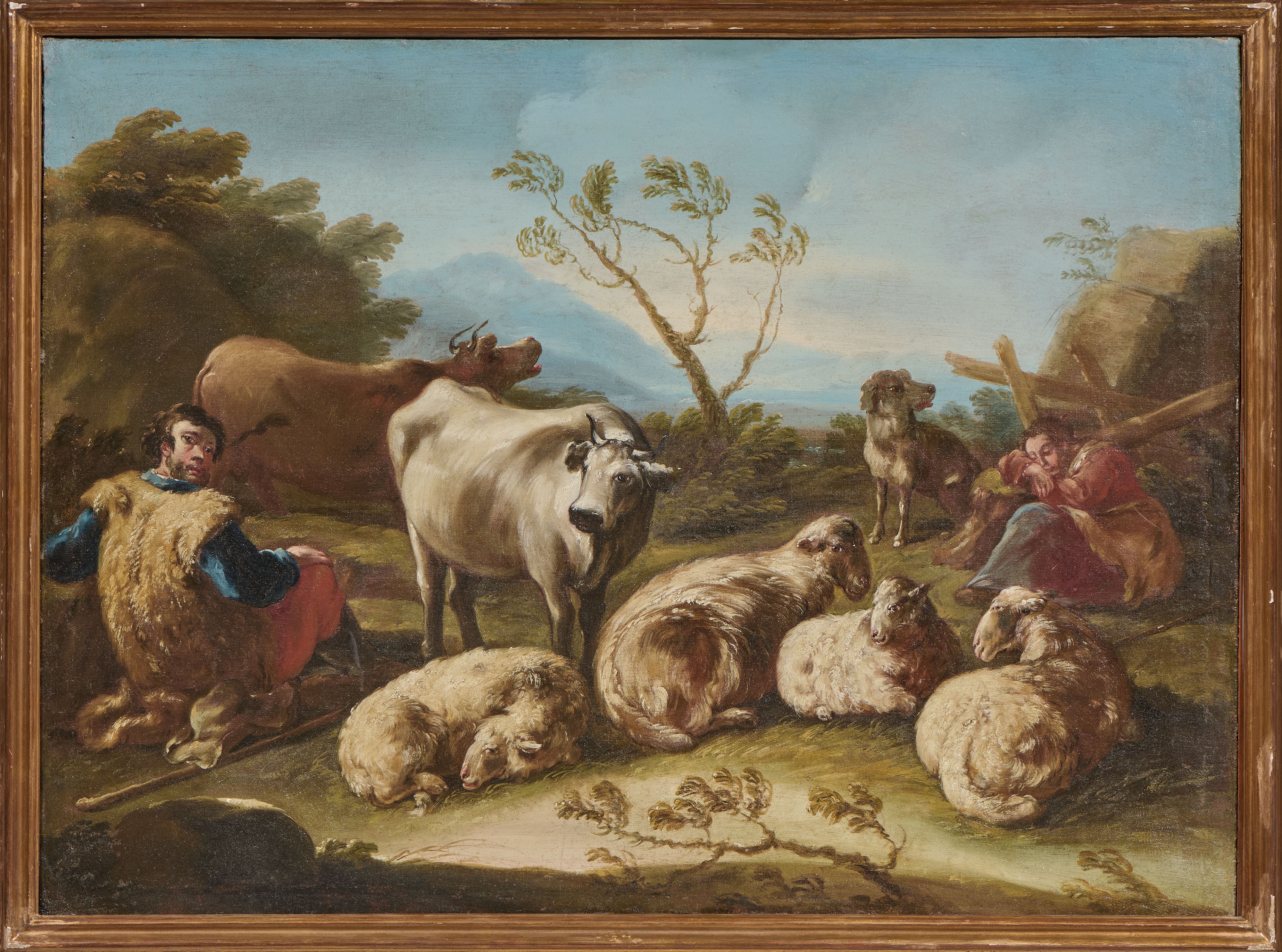 Philipp Peter Roos, Detto Rosa da Tivoli (attr. A) - Coppia di Dipinti Raffiguranti «pastori con ...