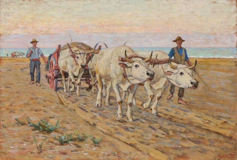 Luigi Gioli - Carro con Buoi sul Mare
