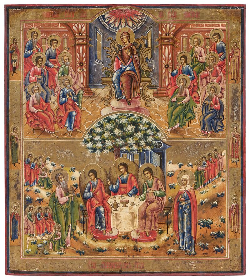 Icona Fine XVIII Secolo - Vergine in Trono e Cena in Emmaus