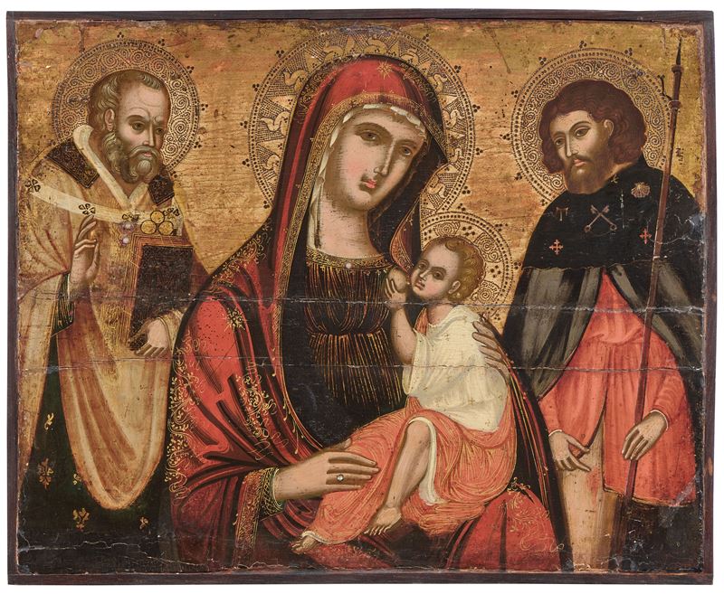 Scuola Veneto-dalmata Fine XVI Secolo - Madonna Col Bambino, San Nicola e San Cristoforo