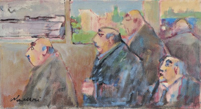 Mino Maccari - Critici alla mostra, olio su tela, cm 25x45, anni Settanta
