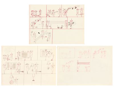 Tre disegni «Lodolo Film», matita e pastello su carta