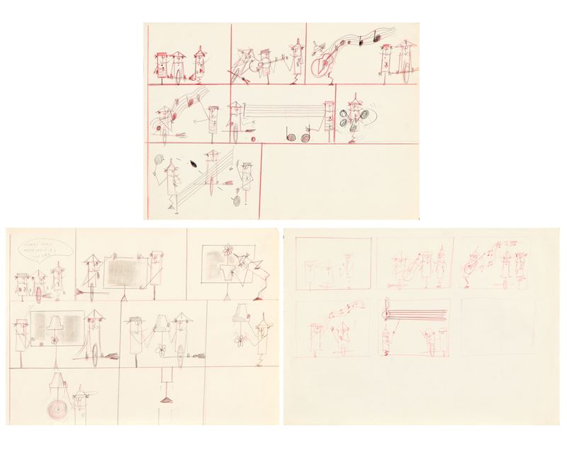 Pino Pascali - Tre disegni «Lodolo Film», matita e pastello su carta