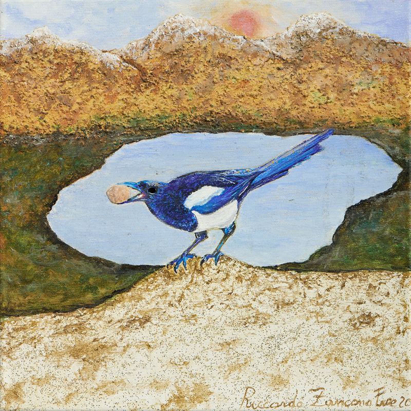 Riccardo Zancano - La gazza ladra - acrilico e pietre su tela