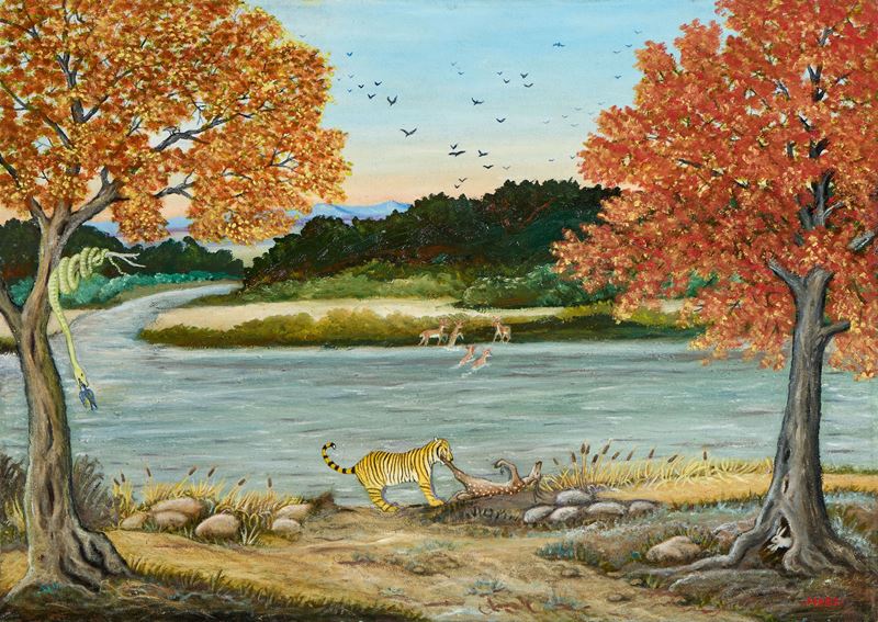 Mario Marzi - Paesaggio con animali, olio e acrilico su tela