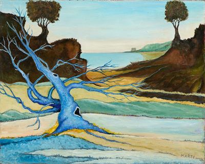 Albero blu, portatore di pace, olio su tela