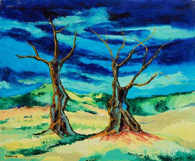 Alberi nel paesaggio, olio su tela