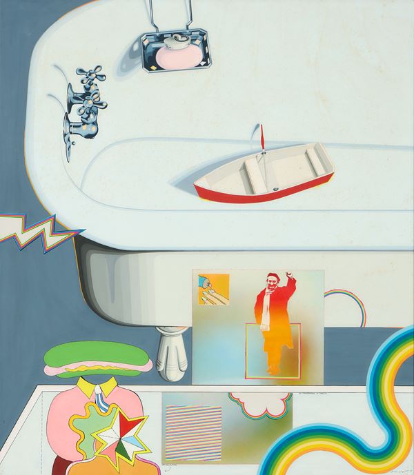 Luca Alinari : Del trasportare la traccia  (1971)  - Acrilico, tecnica mista e e collage su carta applicata su faesite - Asta Dipinti, Disegni, Sculture e Grafica - Casa d'aste Farsettiarte