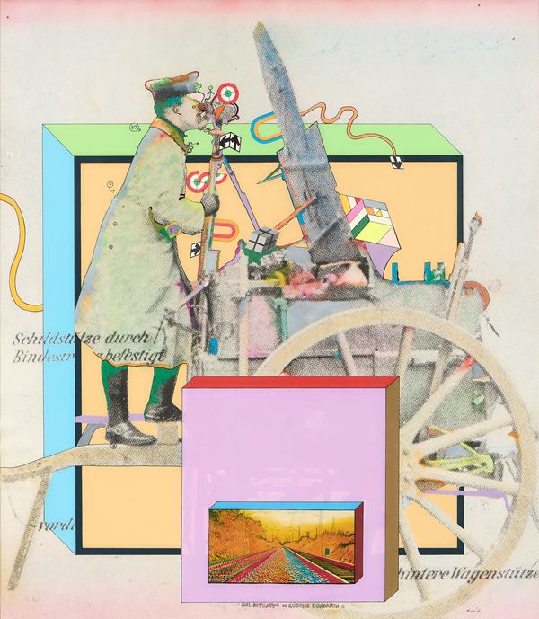 Luca Alinari : Nel ritratto di Eugene Bundarin  (1972)  - Collage e tecnica mista su faesite - Asta Dipinti, Disegni, Sculture e Grafica - Casa d'aste Farsettiarte