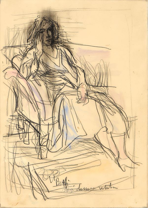 Vinicio Berti : Donna seduta  (1945)  - Tecnica mista su carta - Asta Dipinti, Disegni, Sculture e Grafica - Casa d'aste Farsettiarte