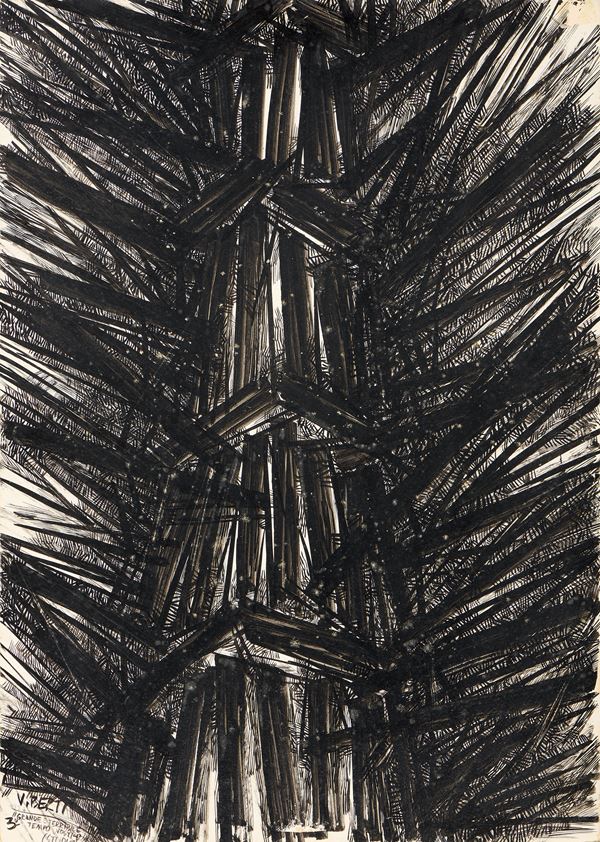 Vinicio Berti : Grande e terribile tempo nostro  (1954)  - China su carta applicata su cartoncino - Asta Dipinti, Disegni, Sculture e Grafica - Casa d'aste Farsettiarte