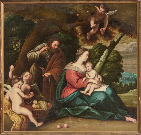 Scuola veneta del XVII secolo - Sacra Famiglia con angeli