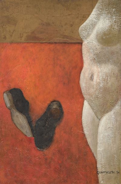 Scarpe e busto, olio su tavola