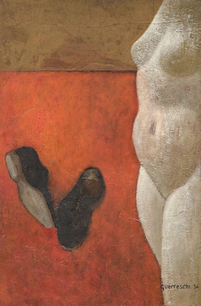 Giuseppe Guerreschi - Scarpe e busto, olio su tavola