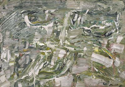 Paesaggio di primavera, tempera acrilica su carta applicata su tela