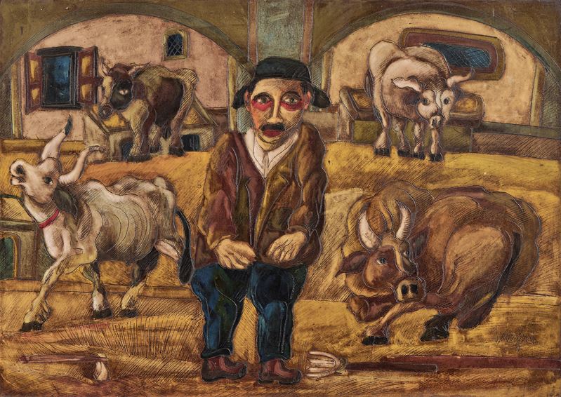 Giuseppe Serafini - La stalla, olio su cartone