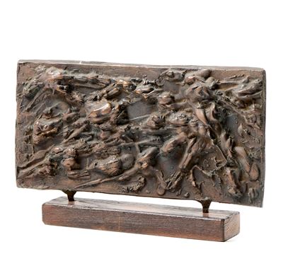 Bas Relief - Apocalisse, Scultura in bronzo su base in legno, 1958, es. 2/5