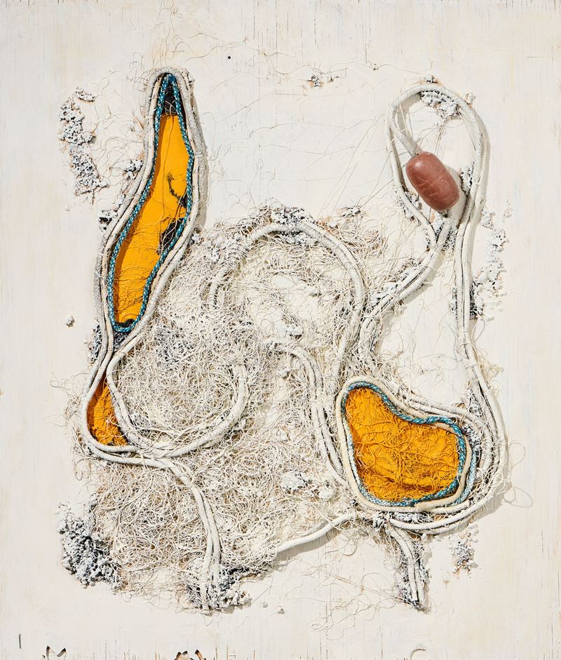 Giulio Galgani - Rete in giallo - Fresato di pneumatico, rete da pesca e acrilico su tavola